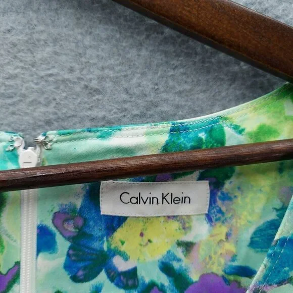 Calvin Klein Floral Sleeveless Dress 98% Cotton 2% Spandex Multicolor - Picture 2 of 5